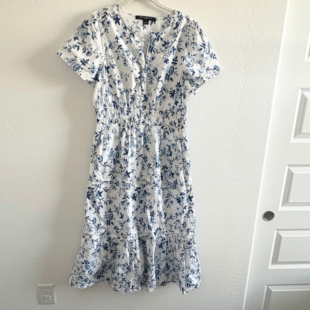 French Connection Floral Print Midi Dress Blue White Cottagecore Casual